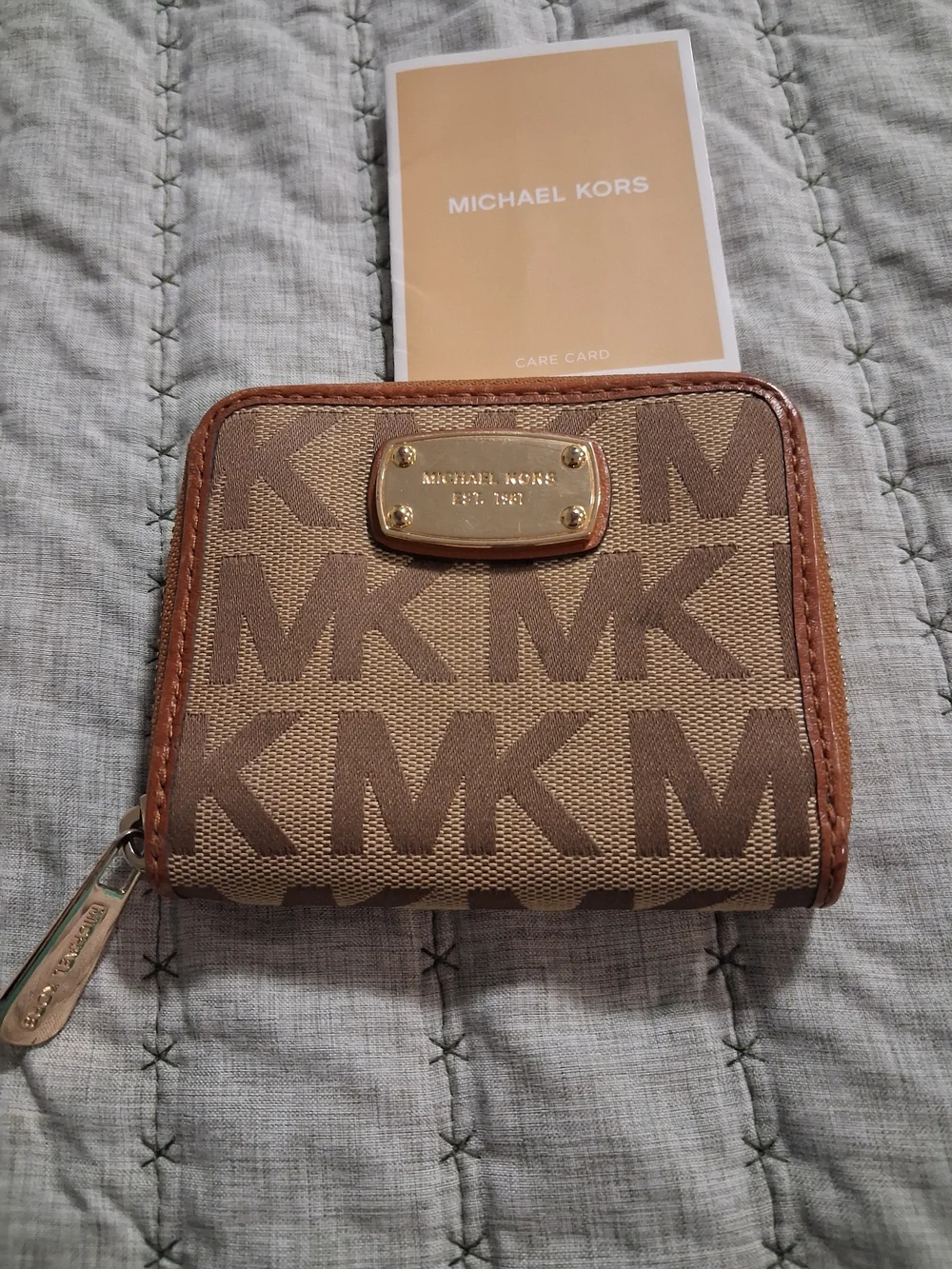 Michael Kors Tan and Brown MK Logo Zip-Around Wallet